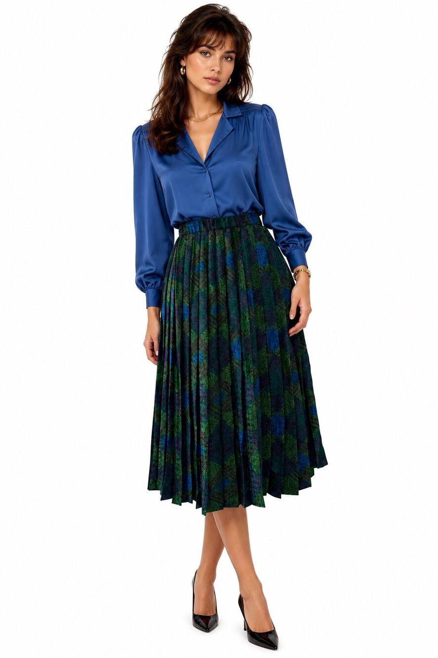 Vintage ‘80s Jewel Tone Geometric Print Pleated Elastic Waist A-Line Midi Skirt